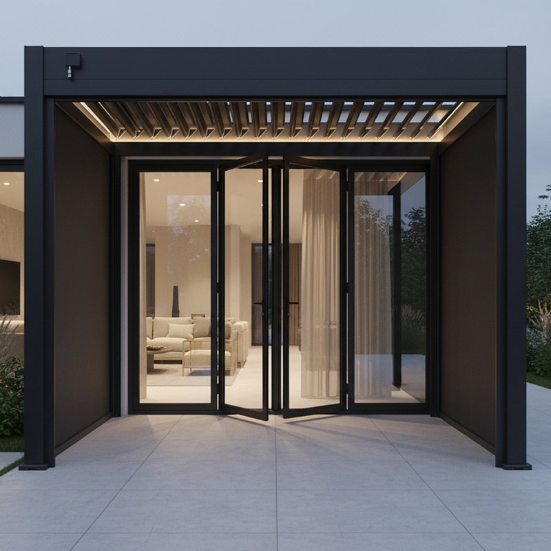 Berlin Plus 3M X 3M Square Pergola With 3 Or 4 Manual Side Blinds And Led Lighting In Grey, 220cm H x 300cm W x 300cm D