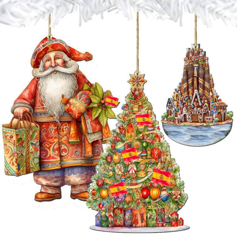 3 Piece German-Inspired Santa Wooden Ornaments