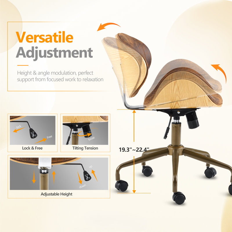 PU Curved Office Chair With Antique Bronze Base, Brown