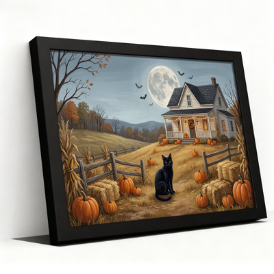 «Black Cat Sitting in Pumpkin Patch Under Full Halloween», art mural sur toile
