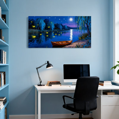 Paysage, nature, nuit, lac, bateau, lune, étoiles, saule, lucioles