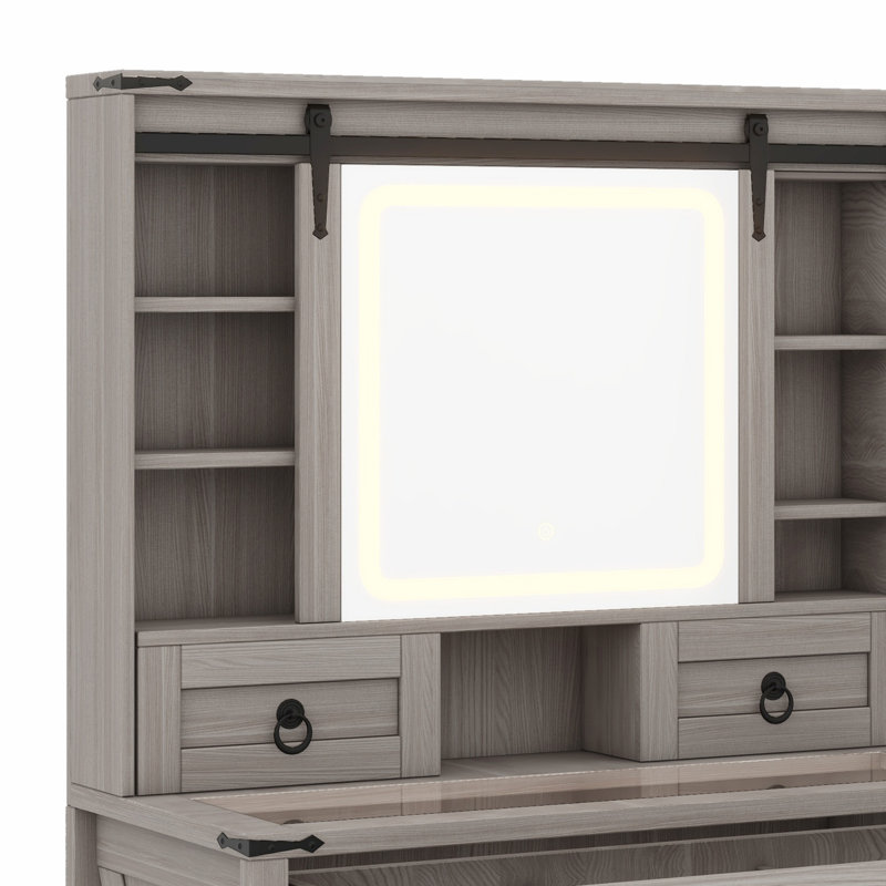 Bureau de coiffeuse avec miroir coulissant et lumières, Gris
