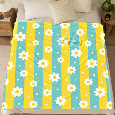 Couverture polaire imprimée marguerites (1 pièce) – Rayures jaune vif et turquoise ; motif floral enjoué ; jeté doux et confortable pour divan ; idéal pour les chambres et les espaces de vie ; accessoire décoratif pour la maison. Articles de literie et de sofa