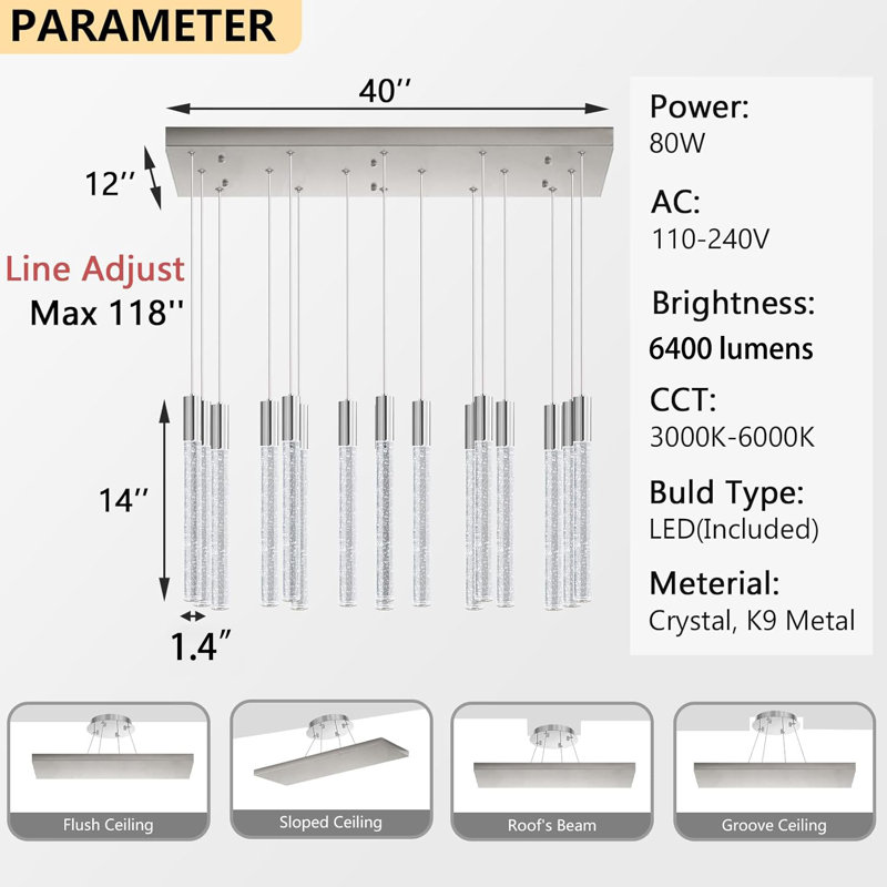 16 Lights Rectangular Modern Glam Chandelier, Nickel