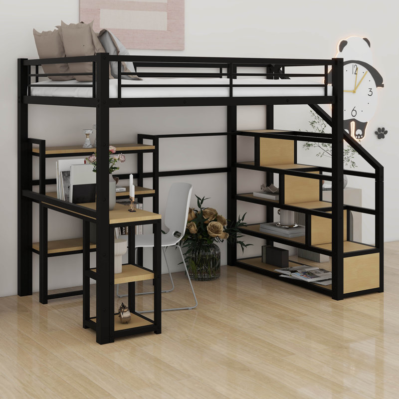 Full Size Metal Loft Bed With Staircase,Full-Length Guardrails,A Built-In Desk And Shelf,No Box Spring Needed,Noise Free,For Juniors&Adults