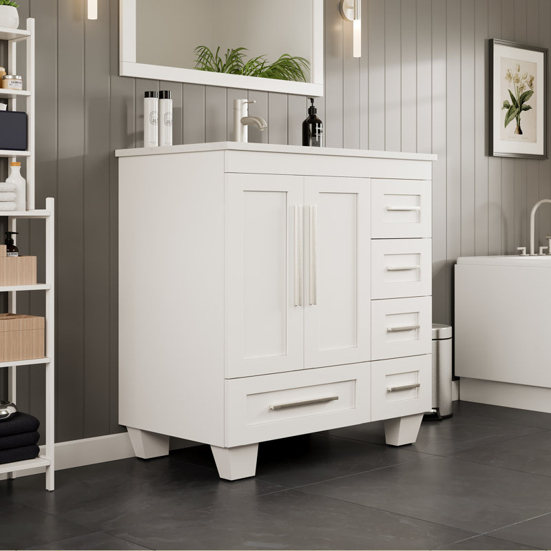 Meuble-lavabo avec lavabo sous-comptoir en porcelaine de l 30 po x P 22 po Kempst, Quartz - blanc de Carrare, White