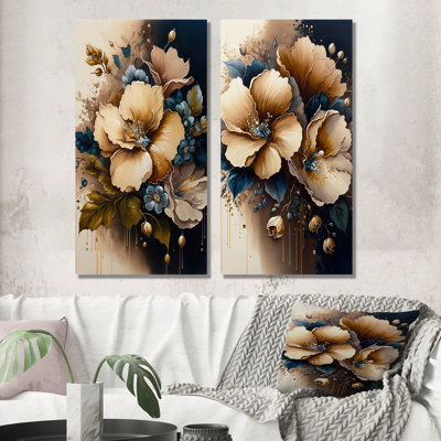 «Bouquet d'hibiscus brun et bleu», 2 pièces sur toile