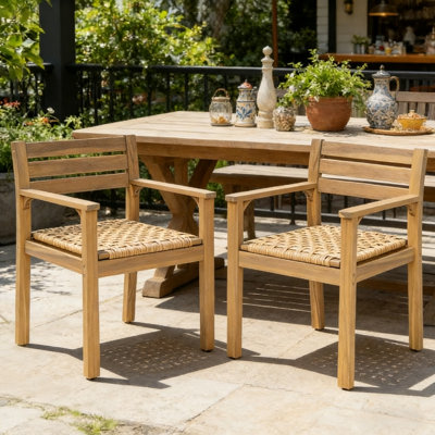 Set of 2 Patio Dining Chairs, Acacia Wood Woven Rustic Armchairs for Patio