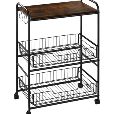 3 Tier Kitchen Cart For Dining Area. Rustic Brown With 2 , Side Hooks, Wheels Versatile Storage Levels Of Storage. Brown, Sliding Organized & by 17 Stories