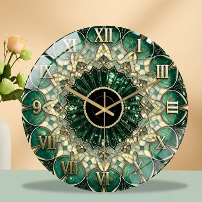 Horloge murale silencieuse en verre trempé de 30 cm, motif floral mosaïque verte, sans tic-tac, fonctionne avec des piles AA (non incluses), décoration artistique pour la maison