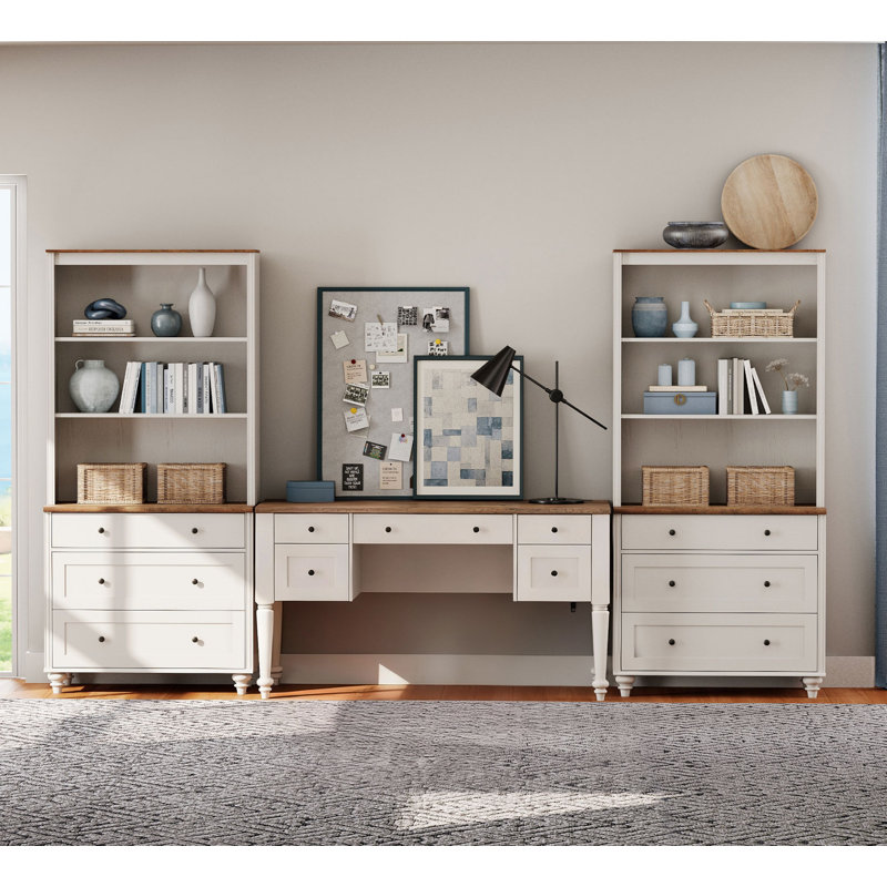 2 Piece Office Set, 56" Executive Desk & Set Of 2 Bookcases With Drawers, White