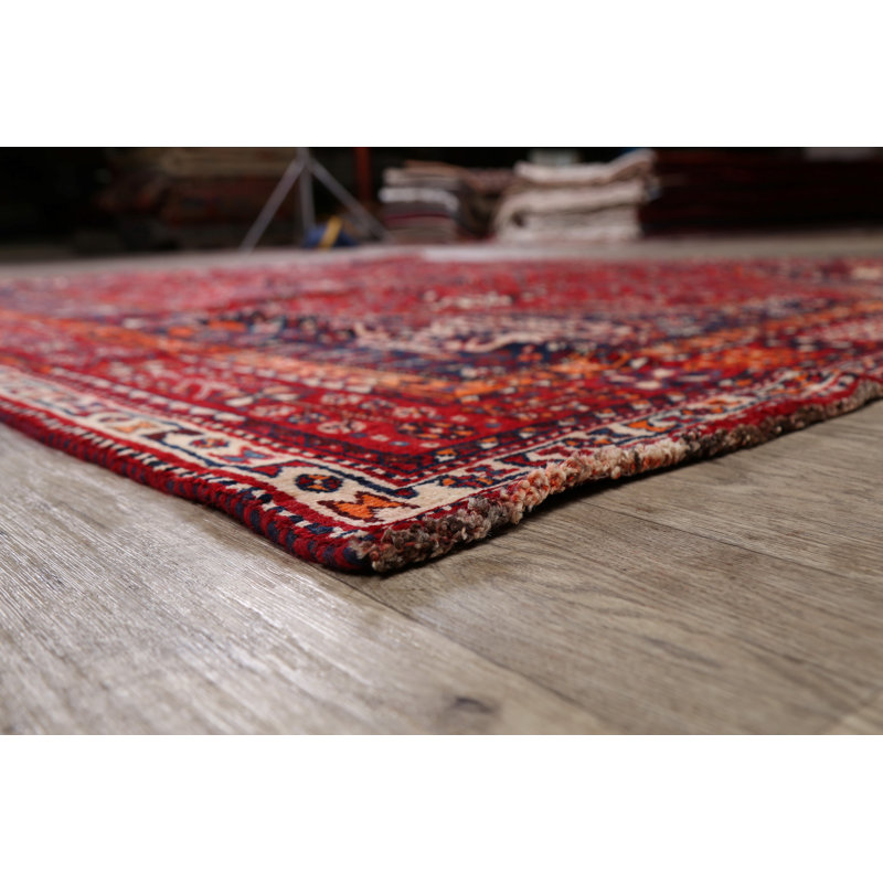 Tapis unique en laine noué à la main style Shiraz des années 1970 de 7 pi 2 po x 10 pi 8 po rouge / bleu Omena