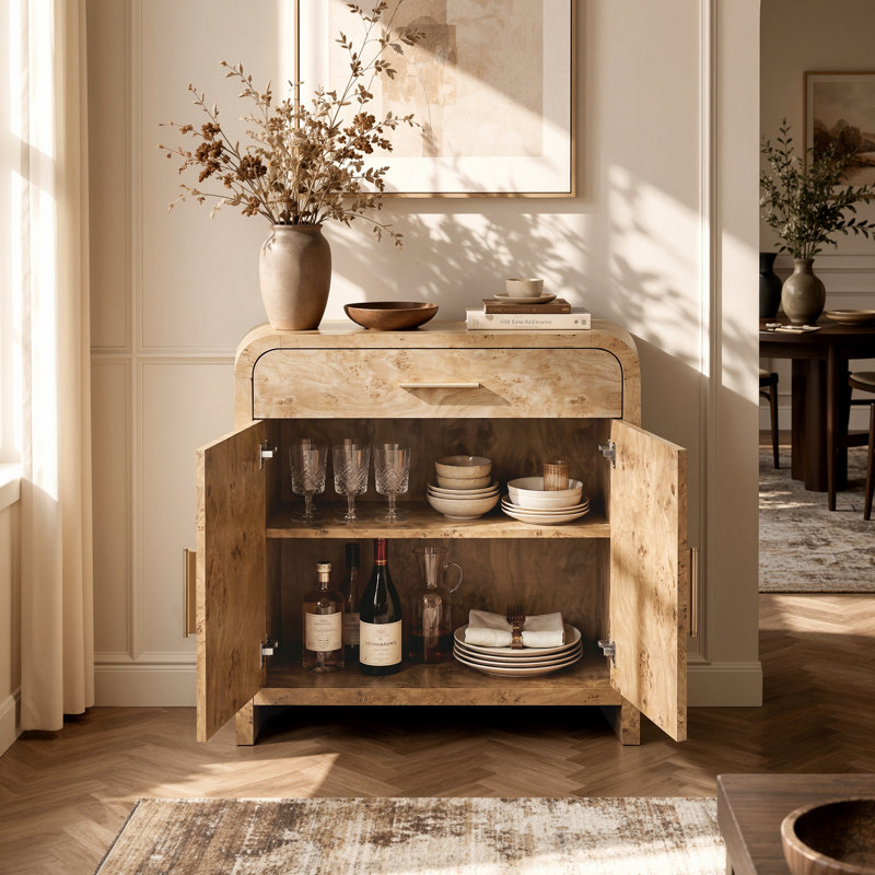Armoire de rangement incurvée avec tiroir et buffet, table basse moderne pour la cuisine et le salon, 1-Pack, Ronce claire