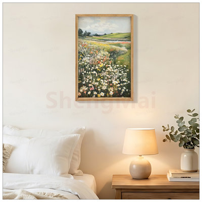 Framed Canvas Prints Art Vintage Decor, Classical Wildflower Field Meadow Flowers, Rustic Large Wall Art for Home