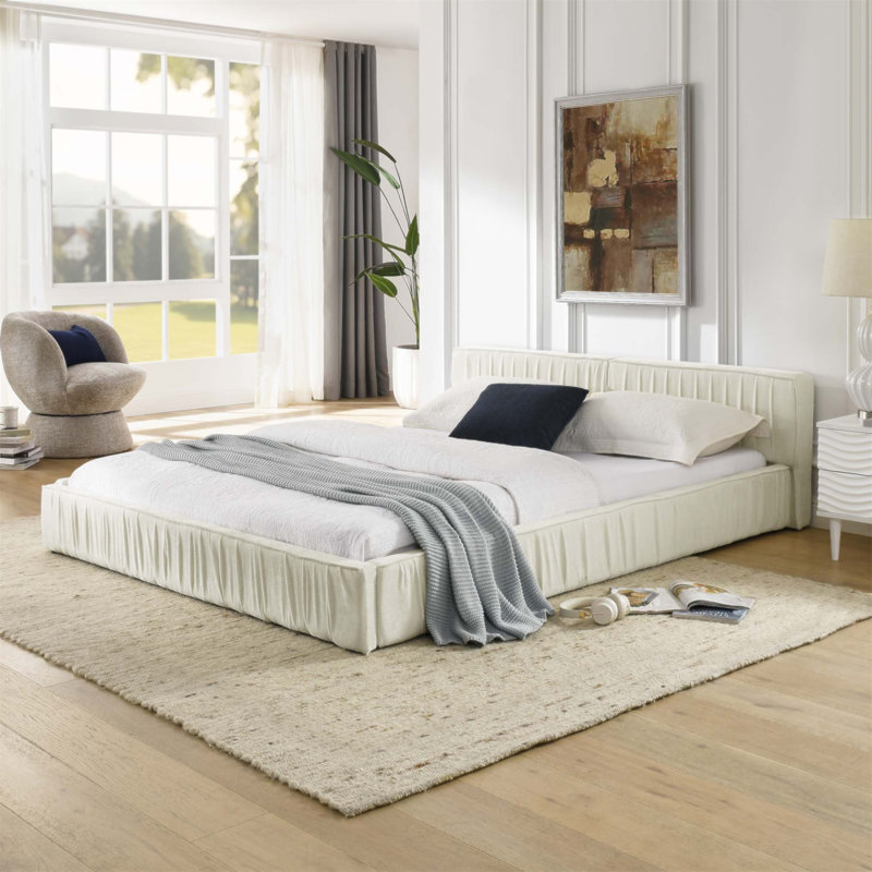 Structure de lit tapissier avec tissu en chenille et motif plissé, lit plateforme avec tête de lit et structure solide, aucun sommier nécessaire