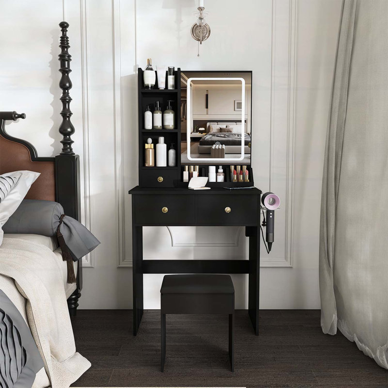 Petit meuble-lavabo moderne avec 3 modes d'éclairage DEL, 3 tiroirs, des tablettes ouvertes, un support pour sèche-cheveux et une prise de courant, y compris une chaise à langer