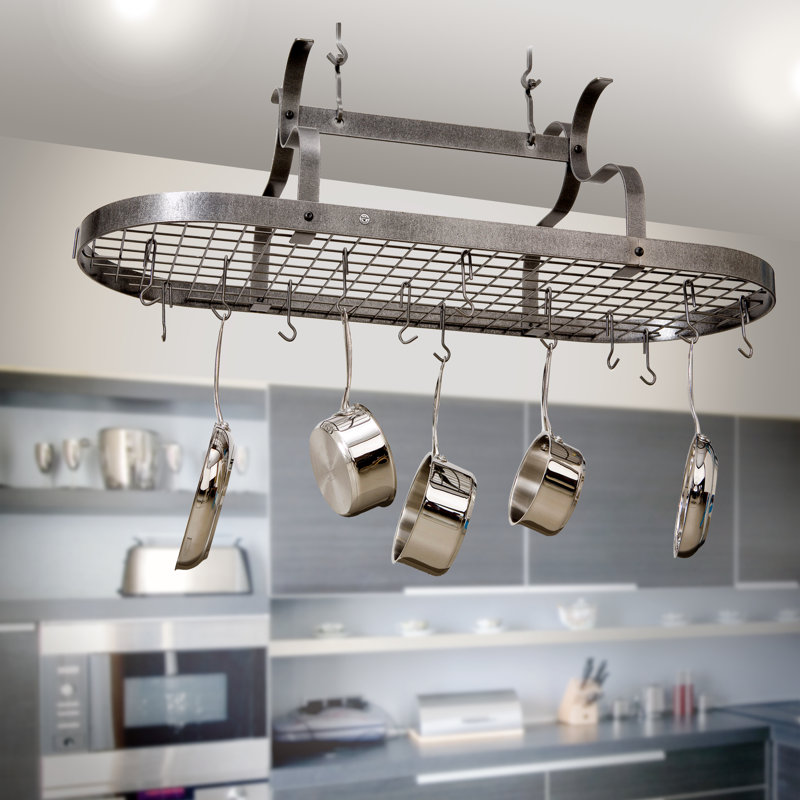 Hammered Steel Oval Ceiling Pot Rack with Hooks