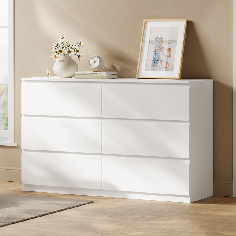 Bedroom Chest of Drawers with 6 Drawers, Living Room Cabinet, Modern Hallway Storage Unit, Handle-less Design, Space Saving Wooden Storage Dresser, 120x40x75 cm, White/Black