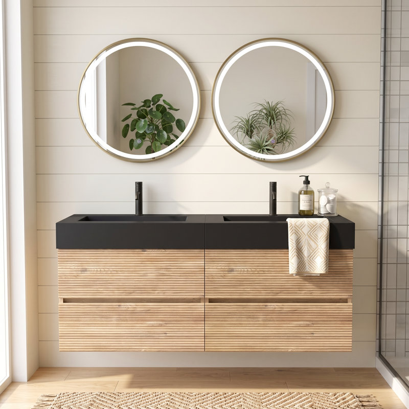 Meuble-lavabo mural moderne 48 po en chêne avec lavabo à surface solide noir mat d'ingénierie, tiroirs souples (24 po * 2)