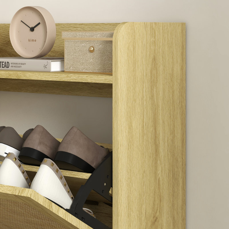 Narrow Shoe Cabinet with 2 Rattan Flip Drawers for 12 Pairs