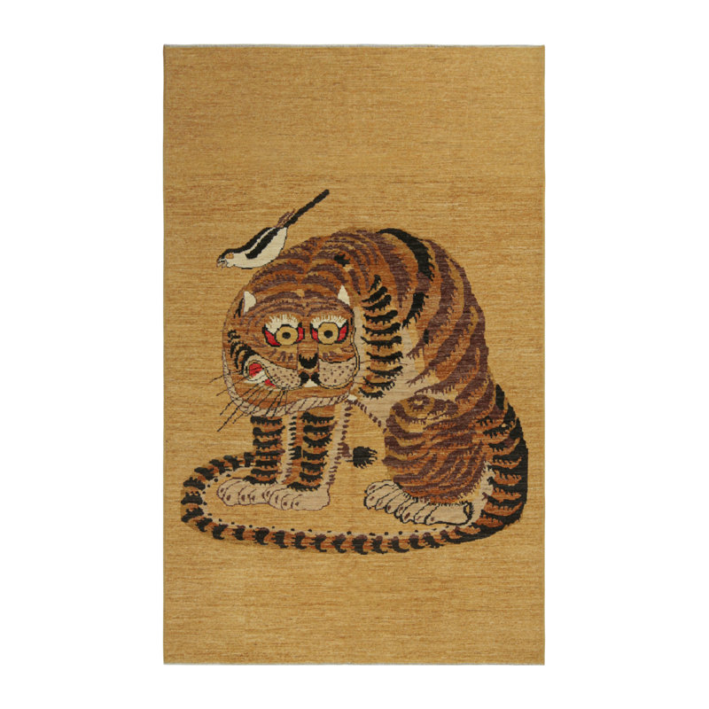 Rug & Kilim’S Tiger Rug With Gold, Beige-Brown & Rust Pictorial
