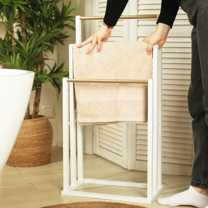 Froppi Bamboo Free Standing Towel Rack White Wooden Towel Holder with 3 Golden Bars L42 W24 H81.5 cm
