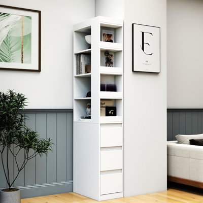 Petite armoire de présentation à 4 niveaux avec 4 tiroirs latéraux blancs modernes H 70,1 po