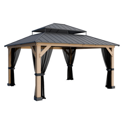 Cedar Wood Gazebo 11' X 13' Hardtop Galvanized Steel Roof With Curtain Netting