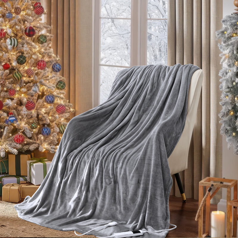 Ultra-Soft Flannel Electric Heated Throw Blanket with 10 Heat Settings & Extra-Long Cord, Gray, 90" W x 100" L