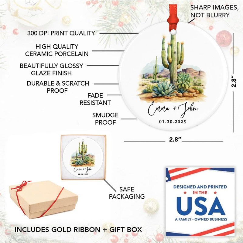 Ornement de mariage personnalisé en céramique, décoration de Noël succulente, cadeau de mariage du Sud-Ouest pour les couples