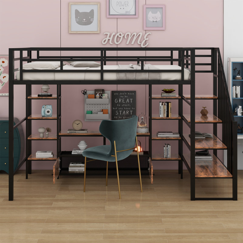 Metal Loft Bed With Staircase,Low Storage Table And Storage Shelves, Black