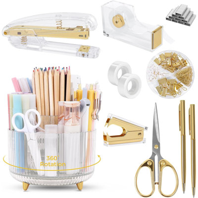 Office Supplies Set with Pencil Holder for Desk， Desk Accessories with Gel Pen, Stapler, Tape Dispenser, Scissors,Clips and 1000pcs Staples, Office Decor for Women