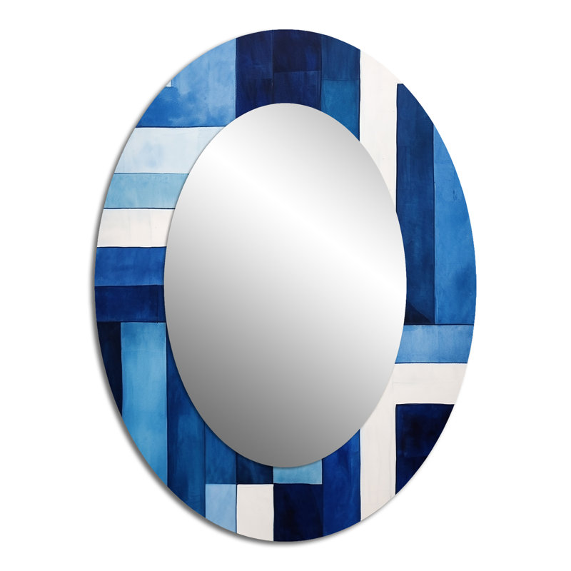 Symétrie saphir bleu et blanc - Miroir décoratif ovale abstrait sur métal, 40 po x 30 po