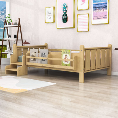 Wooden Platform Bed with Bookcases, Guardrails and Slats