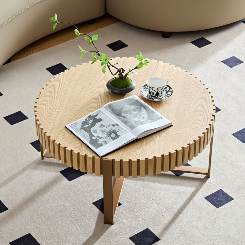 Modern Handcraft Drum Coffee Table With Sturdy Pedestal , Versatile For Any Room., Natural, Golden
