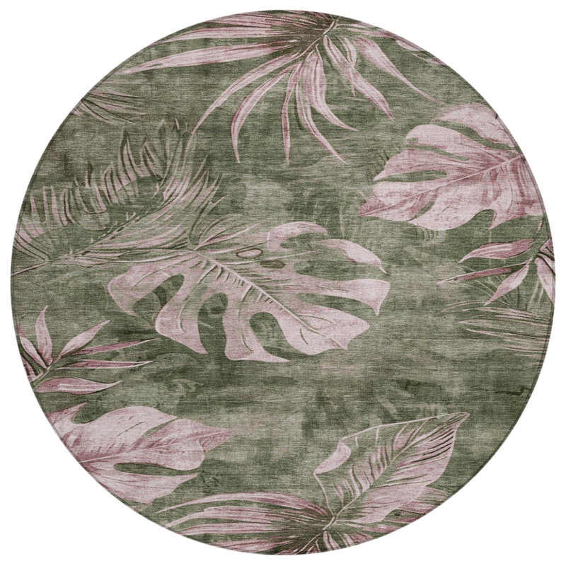 Tapis rond à motifs floraux vert olive et rose poudré, lavable, pour intérieur et extérieur, 2,44 m (8 pi).