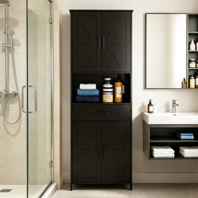 67"Tall Freestanding Black Linen Cabinet with 2 Doors, 1 Drawer & Adjustable Shelves, Bathroom Storage Cabinet