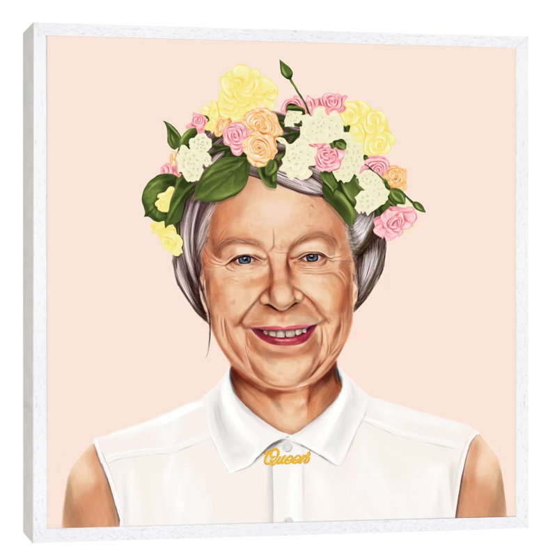 Queen Elizabeth by Amit Shimoni - Print on Canvas, White Framed, 93.98 cm H x 93.98 cm W