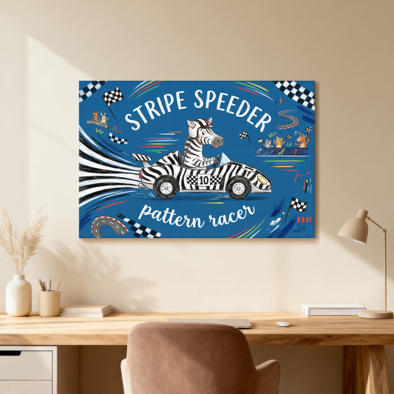 Animaux, voiture de course zébrée avec drapeaux à damier et lignes de vitesse, H 12 po x l 18 po, Toile tendue