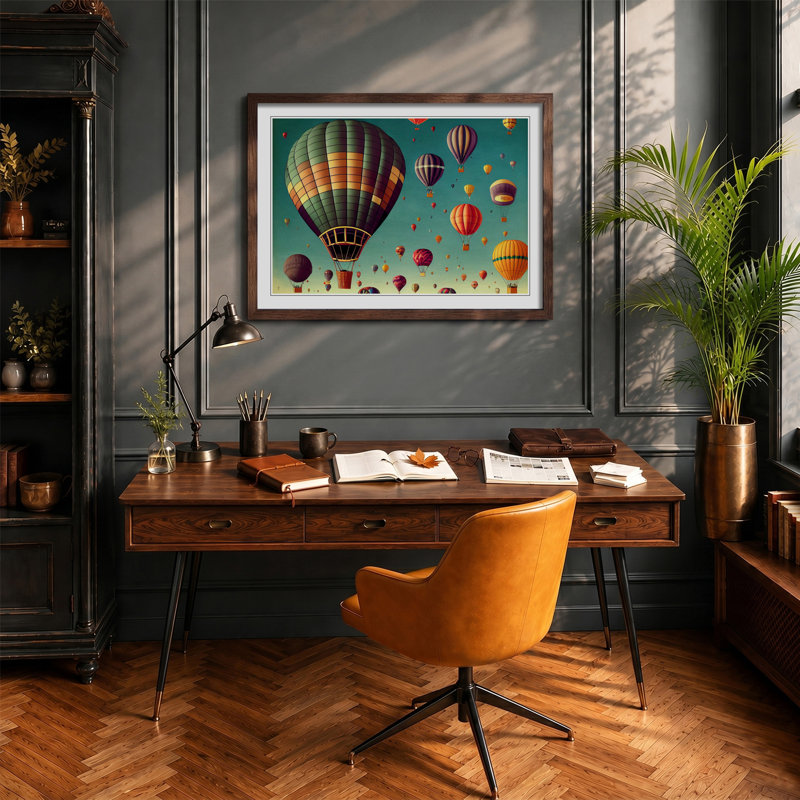 Retro Hot Air Balloons - Framed Print, 25cm H x 34cm W x 2cm D, Walnut Framed