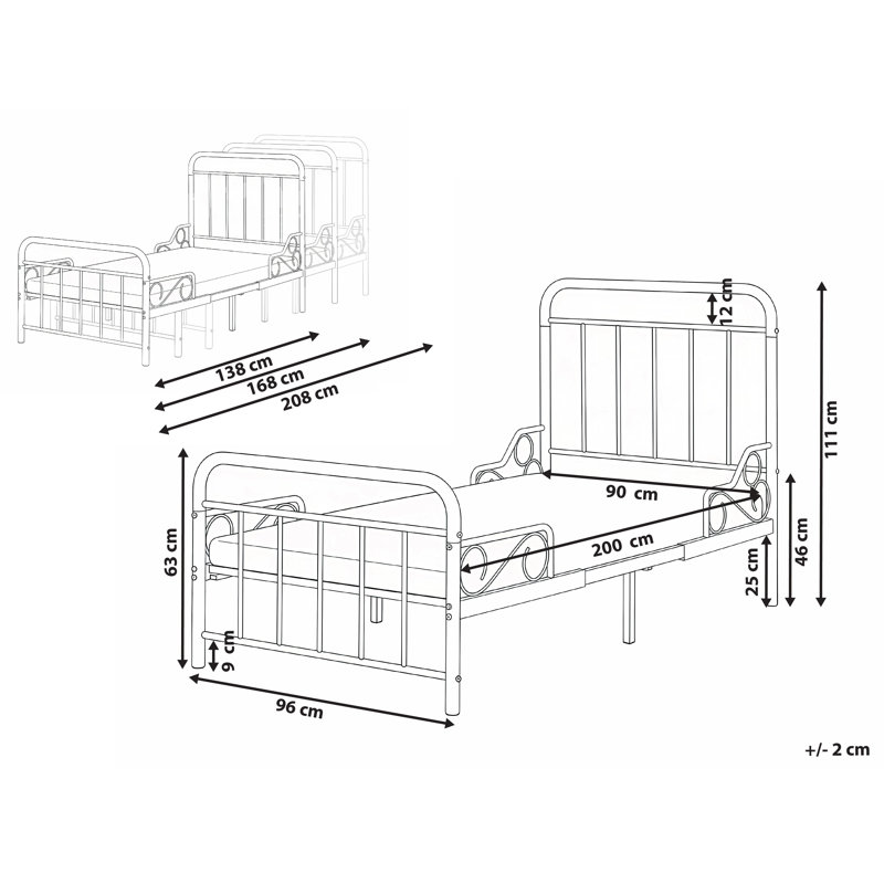 Extendable Kids Bed Metal ANAIS 90 x 200 cm (EU Single) Black, White