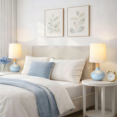  14" Modern Blue Ceramic Small Table Lamp with Pre-Assembled Shade for Living Room, Bedroom and Study