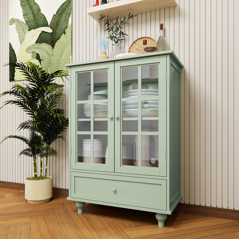 38'' Tall Storage Cabinet With Glass Doors For Living Room,Small Floor Buffet Cabinet With Drawer,Mint Green, Green