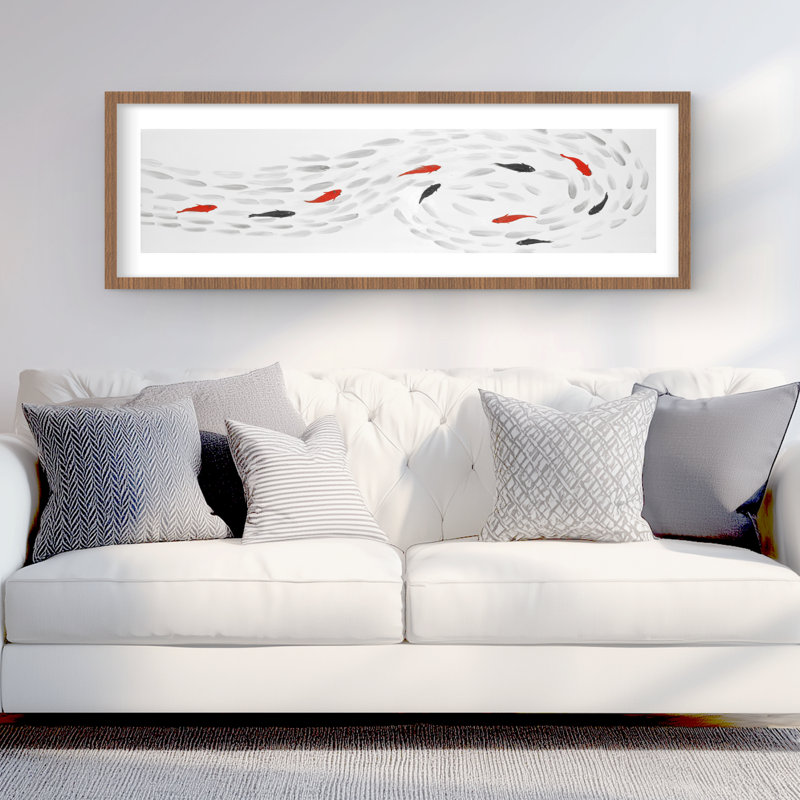 Natation, tourbillon de poisson - décor encadré mat noir asiatique