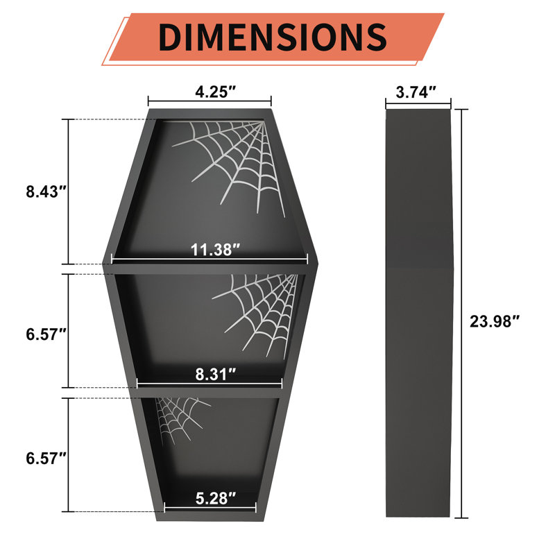 Halloween Goth Coffin Shelf 24 inches with Spider Web, Wooden Coffin Bookshelf Gothic Decor for Home, Crystal Shelf for Display, Black Spooky Curio Shelf for Home Decor, Witchy Room Decor for Oddities