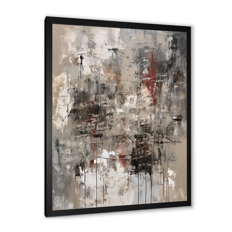 Abstrait chagrin orageux gris et beige - peinture abstraite murale, salon, H 44 po x l 34 po x P 1,5 po, Cadre simple noir