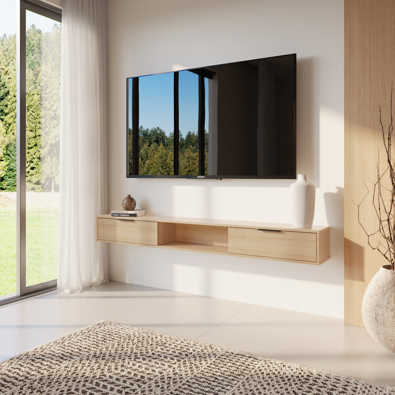 Meuble télé mince avec 2 armoires de rangement pour téléviseur de 70 po ou moins, Beige