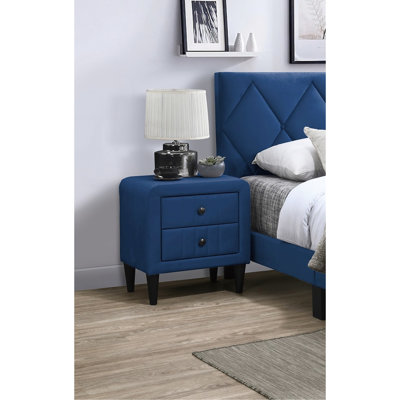 Armoire de chevet moderne en velours bleu marine avec 2 compartiments à 2 tiroirs, élégante table de chevet pour l'intérieur de la chambre à coucher