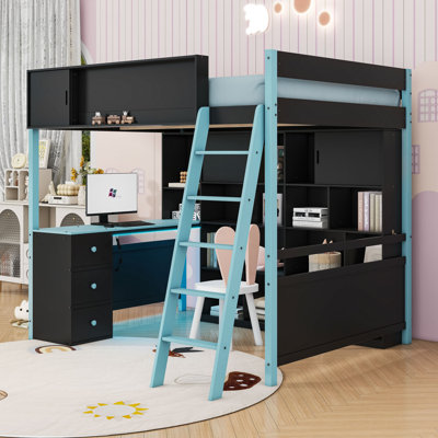 Lit mezzanine pleine grandeur avec bureau, rangement et bande lumineuse