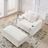 41" Wide Upholstered Chaise Lounge Chair Corduroy Accent Chair With Storage Ottoman And Cup Holder